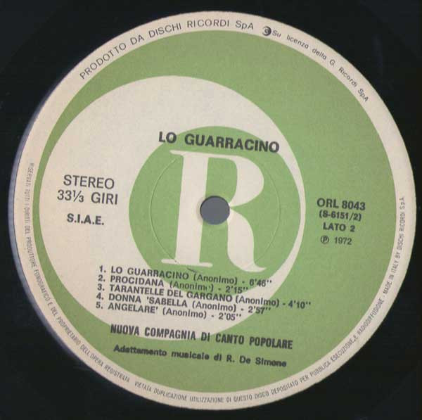 Nuova Compagnia Di Canto Popolare - Lo Guarracino | Ricordi (ORL 8043) - 4