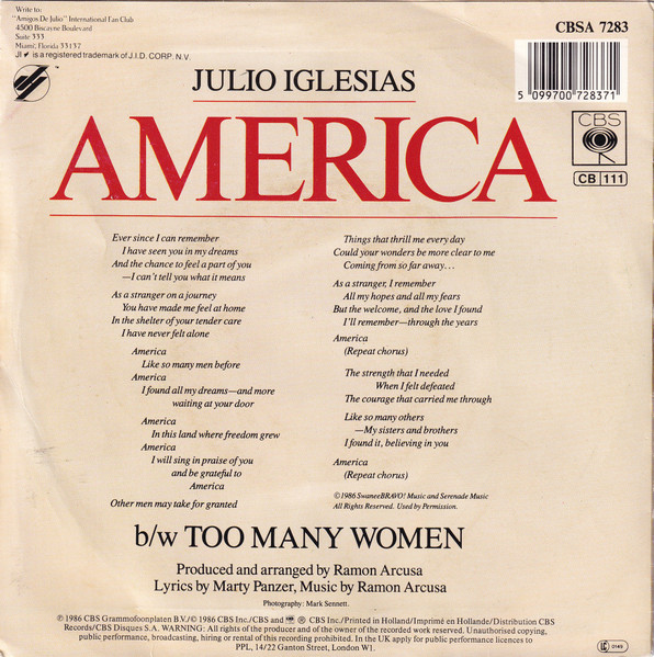 Julio Iglesias - America | CBS (CBSA 7283) - 2