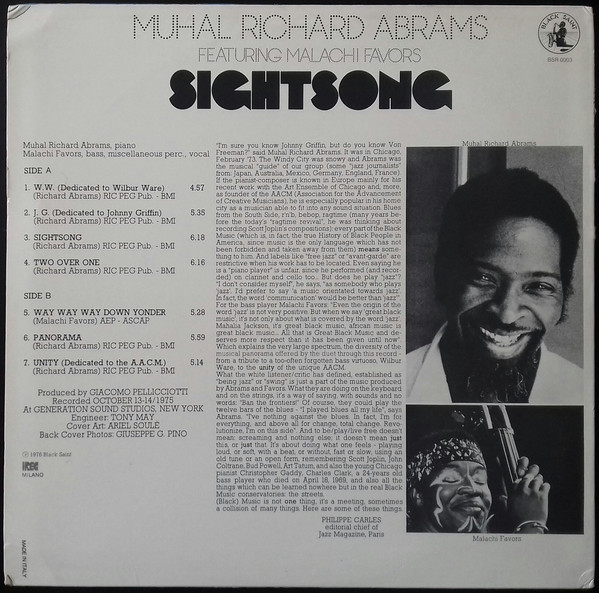 Muhal Richard Abrams Featuring Malachi Favors - Sightsong | Black Saint (BSR 0003) - 2 Muhal Richard Abrams Featuring Malachi Favors - Sightsong | Black Saint (BSR 0003) - 2