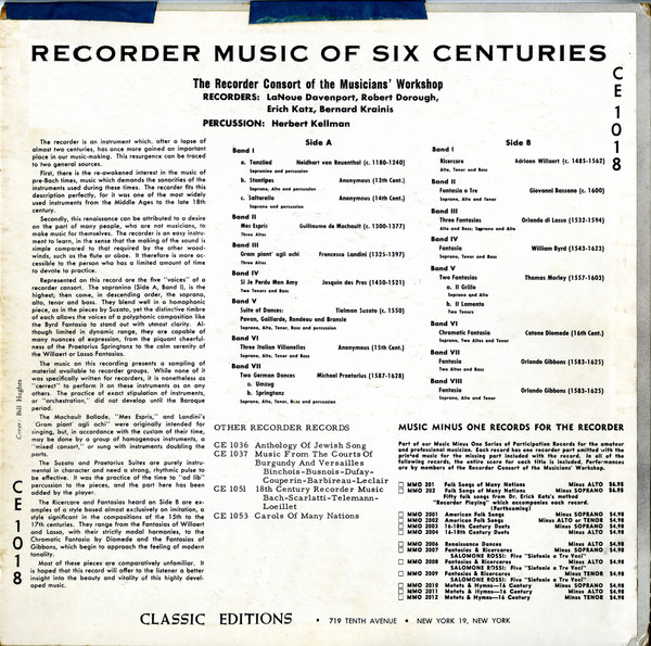 The Recorder Consort Of The Musician's Workshop - Recorder Music Of Six Centuries | Classic Editions (CE 1018) - 2