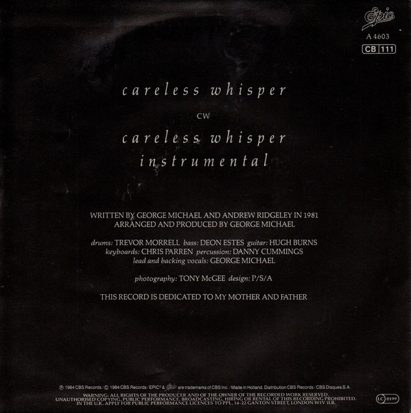 George Michael - Careless Whisper | Epic (A 4603) - 2