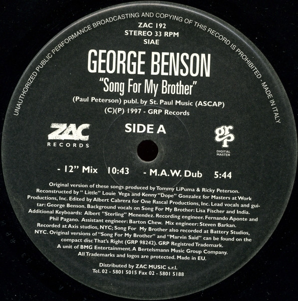 George Benson - Song For My Brother / Baby I'm In Love (The Masters At Work Remixes) | ZAC Records (ZAC 192) - 3