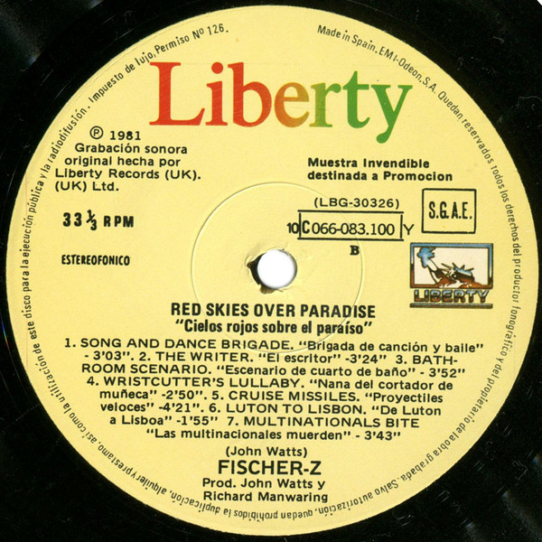 Fischer-Z - Red Skies Over Paradise = Cielos Rojos Sobre El Paraiso | Liberty (10C 066 083100 Y) - 4