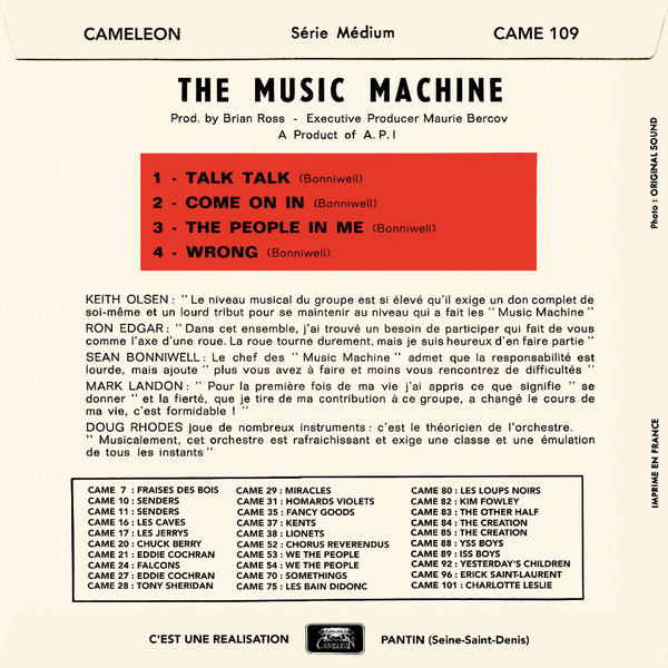 The Music Machine - Talk Talk / The People In Me / Come On In / Wrong | Cameleon Records (CAME 109) - 2