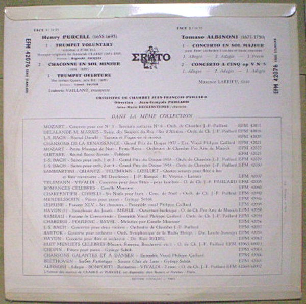 Henry Purcell / Tomaso Albinoni , Ludovic Vaillant , Maxence Larrieu , Orchestre De Chambre Jean-François Paillard - Trumpet Voluntary, Chaconne En Sol Mineur, Trumpet Overture / Concerto En Sol Majeur Pour Flûte Et Orchestre, Concerto A Cinq Op. V N°5 | Erato (EFM 42076) - 2