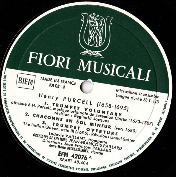 Henry Purcell / Tomaso Albinoni , Ludovic Vaillant , Maxence Larrieu , Orchestre De Chambre Jean-François Paillard - Trumpet Voluntary, Chaconne En Sol Mineur, Trumpet Overture / Concerto En Sol Majeur Pour Flûte Et Orchestre, Concerto A Cinq Op. V N°5 | Erato (EFM 42076) - 3