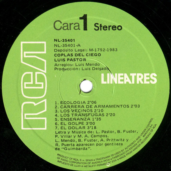 Luis Pastor - Coplas Del Ciego | RCA (NL-35401) - 3
