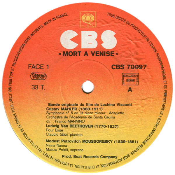 Orchestra Dell'Accademia Nazionale Di Santa Cecilia Direction: Franco Mannino - Mort A Venise (Bande Originale Du Film) | CBS (S 70097) - 2