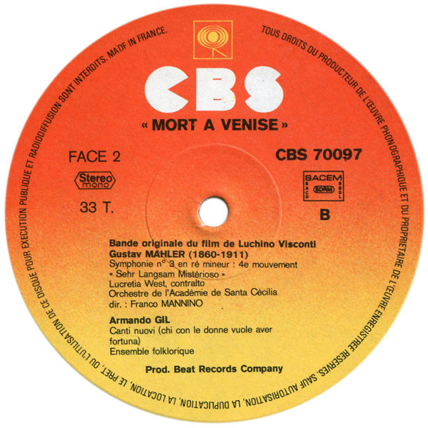Orchestra Dell'Accademia Nazionale Di Santa Cecilia Direction: Franco Mannino - Mort A Venise (Bande Originale Du Film) | CBS (S 70097) - 3