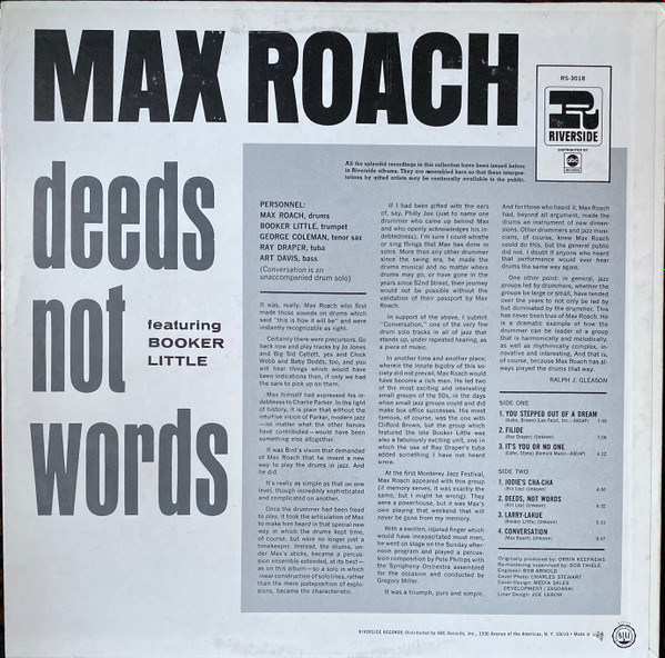 Max Roach Featuring Booker Little - Deeds Not Words | Riverside Records (RS-3018) - 2