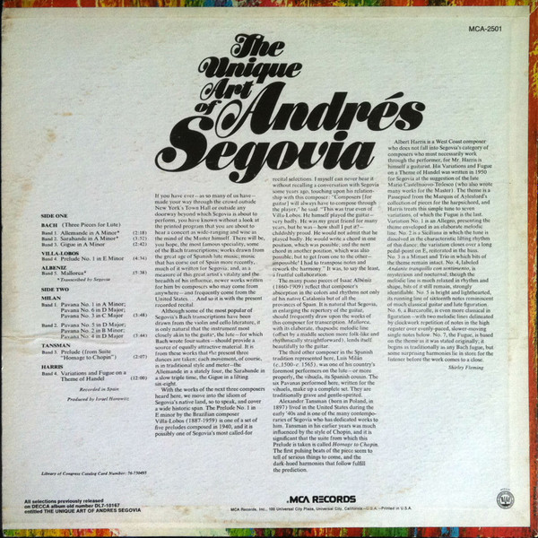 Andrés Segovia - The Unique Art Of Andrés Segovia [Vinyl] | MCA Records (MCA-2501) - 2