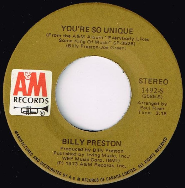 Billy Preston - You're So Unique | A&M Records (1492-S) - main