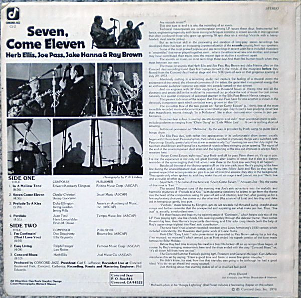 Herb Ellis & Joe Pass Also Featuring Jake Hanna & Ray Brown - Seven, Come Eleven (From Their Live Performance At The Concord Summer Festival) | Concord Jazz (CJ-2) - 2