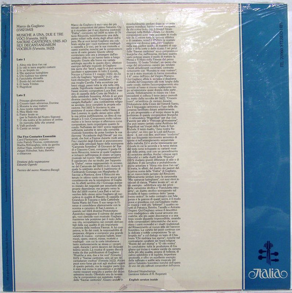 The Five Centuries Ensemble - Marco Da Gagliano: Musiche A Una, Due E Tre Voci; Sacrae Cantiones | Italia (ITL 70060) - 2