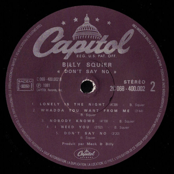 Billy Squier - Don't Say No | Capitol Records (2C 068-400002) - 4 Billy Squier - Don't Say No | Capitol Records (2C 068-400002) - 4