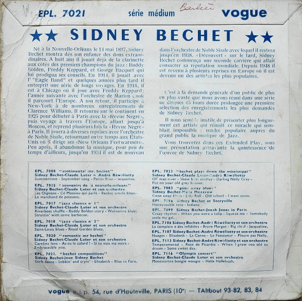 Sidney Bechet And His Orchestra - Bechet Compositions | Vogue (EPL. 7021) - 2