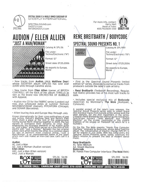 Audion / Ellen Allien - Just A Man / Just A Woman (Test Pressing) | Spectral Sound (SPC-36) - 3 Audion / Ellen Allien - Just A Man / Just A Woman (Test Pressing) | Spectral Sound (SPC-36) - 3