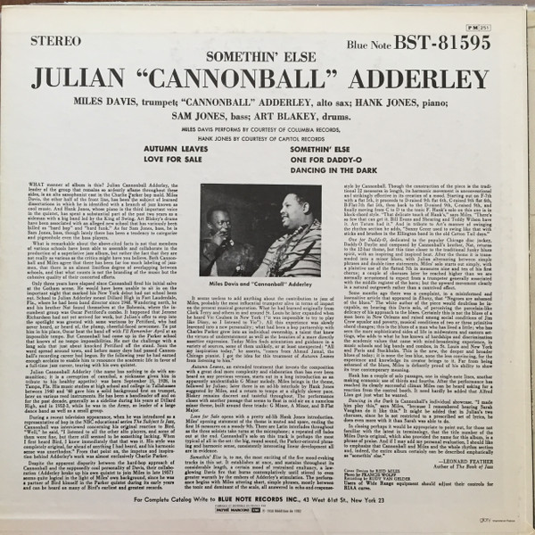 Cannonball Adderley , Miles Davis , Hank Jones , Sam Jones , Art Blakey - Somethin' Else | Blue Note (BST-81595)