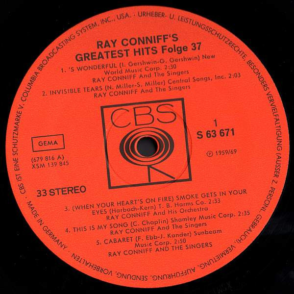 Ray Conniff - Ray Conniff's Greatest Hits | CBS (S 63 671)