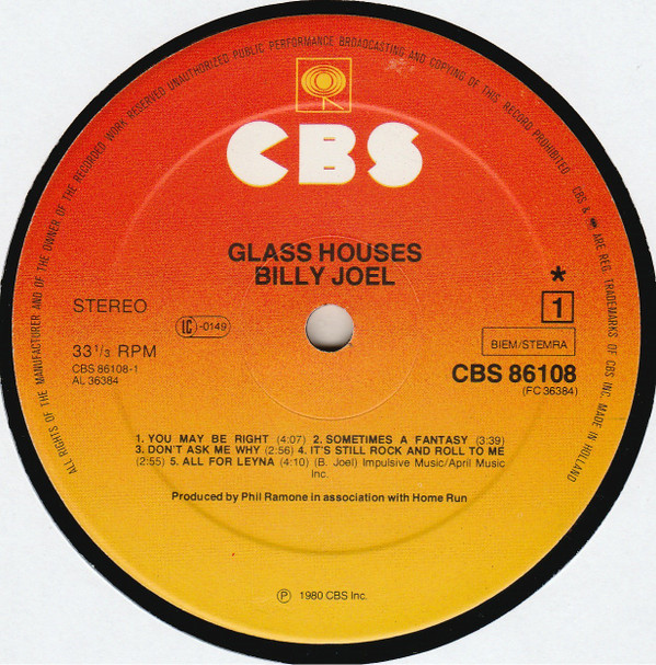 Billy Joel - Glass Houses | CBS (CBS 86108) - main Billy Joel - Glass Houses | CBS (CBS 86108) - main