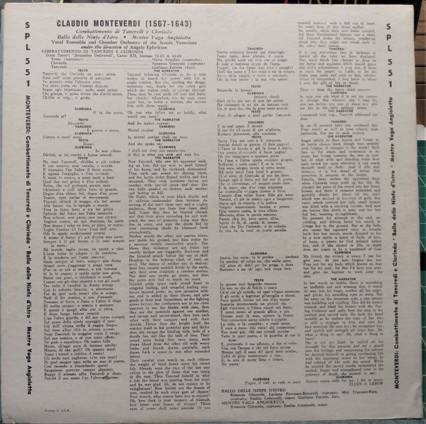 Claudio Monteverdi - Vocal Ensemble Of The Scuola Veneziana and Scuola Veneziana Orchestra , Angelo Ephrikian - Combattimento Di Tancredi E Clorinda / Ballo Delle Ninfe D'Istro / Mentre Vaga Angioletta | Period Records (SPL 551) - 2