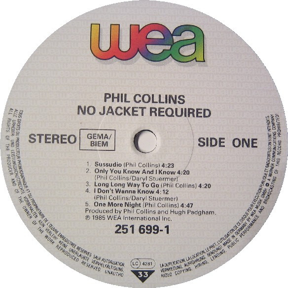 Phil Collins - No Jacket Required | WEA (251 699-1) - 3 Phil Collins - No Jacket Required | WEA (251 699-1) - 3