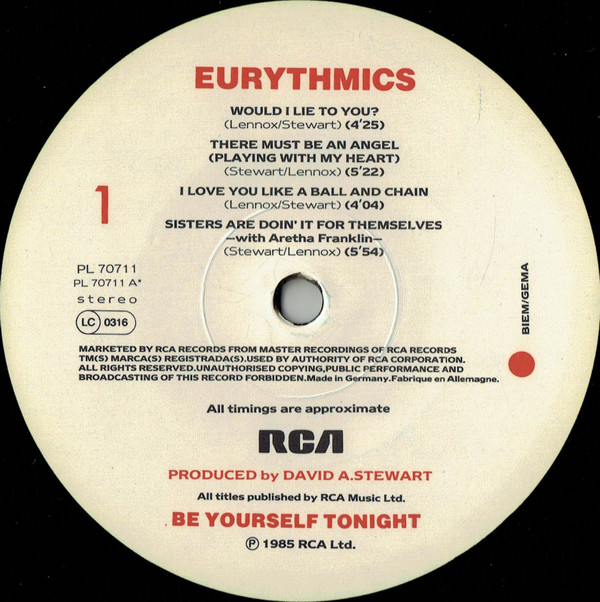 Eurythmics - Be Yourself Tonight | RCA (PL 70711) - 3 Eurythmics - Be Yourself Tonight | RCA (PL 70711) - 3