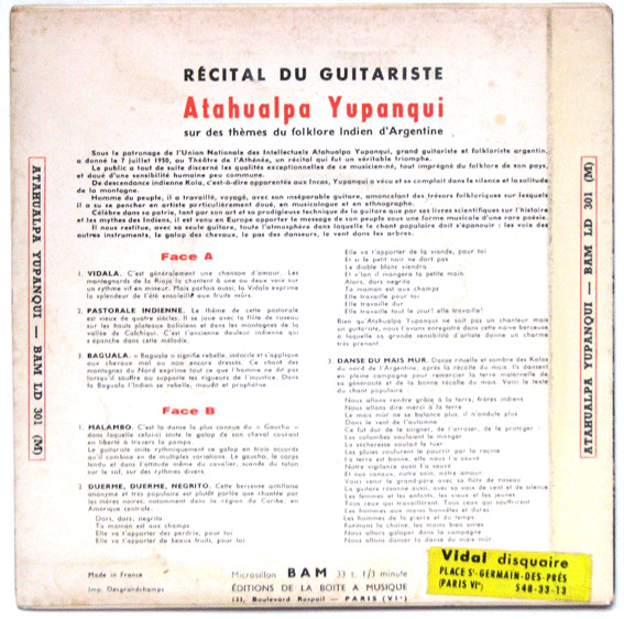 Atahualpa Yupanqui - Récital Du Guitariste Atahualpa Yupanqui Sur Des Thêmes Du Folklore Argentin | BAM (LD 301) - 2