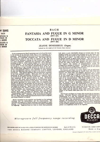 Johann Sebastian Bach - Jeanne Demessieux - Fantasia And Fugue In G Minor (BWV 537) / Toccata And Fugue In D Minor (BWV 565) | Decca (LW 5095) - 2 Johann Sebastian Bach - Jeanne Demessieux - Fantasia And Fugue In G Minor (BWV 537) / Toccata And Fugue In D Minor (BWV 565) | Decca (LW 5095) - 2