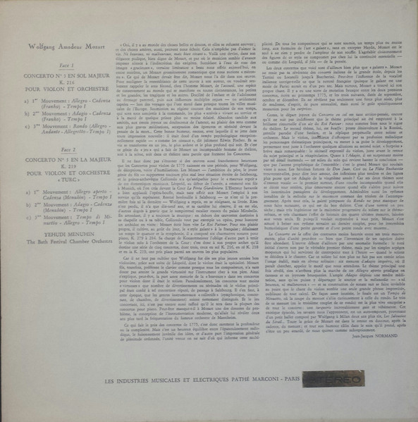 Wolfgang Amadeus Mozart / Yehudi Menuhin / Bath Festival Orchestra - Concertos Pour Violon | La Voix De Son Maître (ASDF 272) - 2