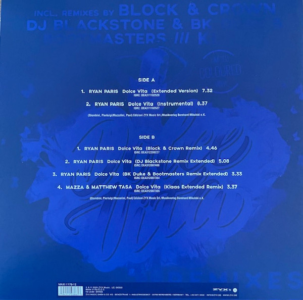 Ryan Paris / Mazza & Matthew Tasa - Dolce Vita | ZYX Music (MAXI 1178-12) - 2