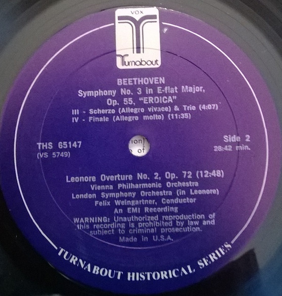 Felix Weingartner Conducts Ludwig van Beethoven / Wiener Philharmoniker / London Symphony Orchestra - Symphony No. 3 'Eroica' / Leonore Overture No. 2 | VOX/Turnabout (THS 65147) - 4