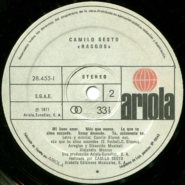 Camilo Sesto - Rasgos | Ariola (28.455-I) - 4 Camilo Sesto - Rasgos | Ariola (28.455-I) - 4
