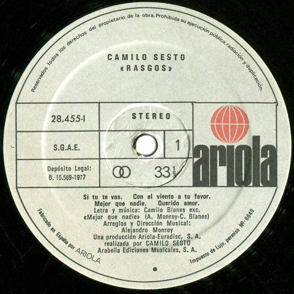 Camilo Sesto - Rasgos | Ariola (28.455-I) - 3 Camilo Sesto - Rasgos | Ariola (28.455-I) - 3