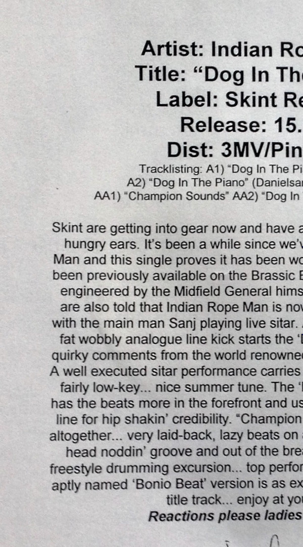 Indian Ropeman - Dog In The Piano | Skint (SKINT 36)