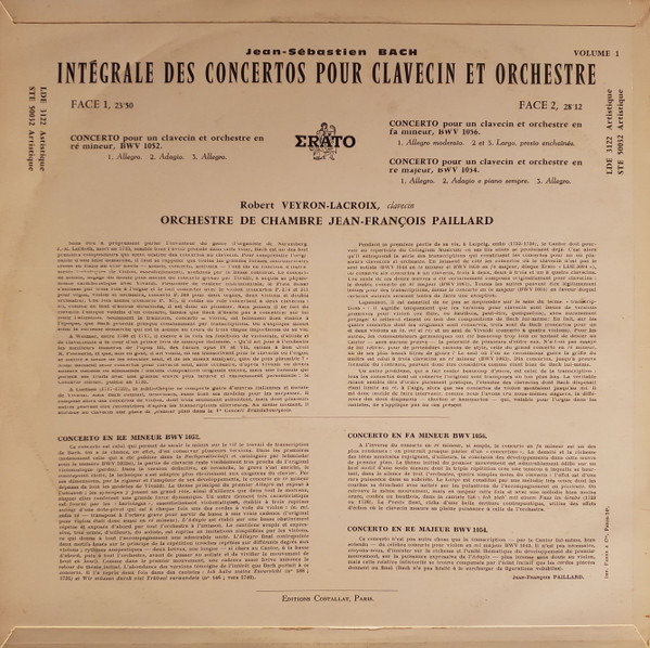 Johann Sebastian Bach , Orchestre De Chambre Jean-François Paillard , Robert Veyron-Lacroix - Les Concertos Pour Clavecin Et Orchestre (Volume I) | Erato (LDE 3122) - 2