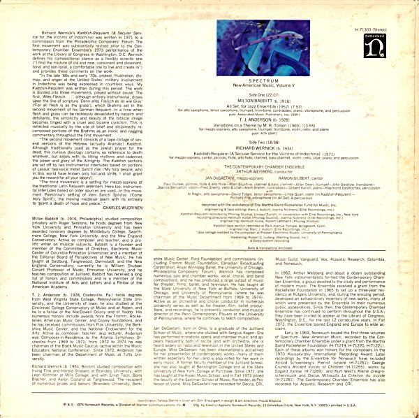 Milton Babbitt / T.J. Anderson / Richard Wernick , Contemporary Chamber Ensemble , Arthur Weisberg - Spectrum: New American Music, Volume V | Nonesuch (H-71303) - 2 Milton Babbitt / T.J. Anderson / Richard Wernick , Contemporary Chamber Ensemble , Arthur Weisberg - Spectrum: New American Music, Volume V | Nonesuch (H-71303) - 2