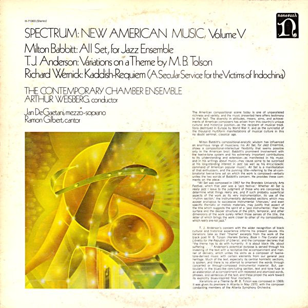 Milton Babbitt / T.J. Anderson / Richard Wernick , Contemporary Chamber Ensemble , Arthur Weisberg - Spectrum: New American Music, Volume V | Nonesuch (H-71303) - main Milton Babbitt / T.J. Anderson / Richard Wernick , Contemporary Chamber Ensemble , Arthur Weisberg - Spectrum: New American Music, Volume V | Nonesuch (H-71303) - main