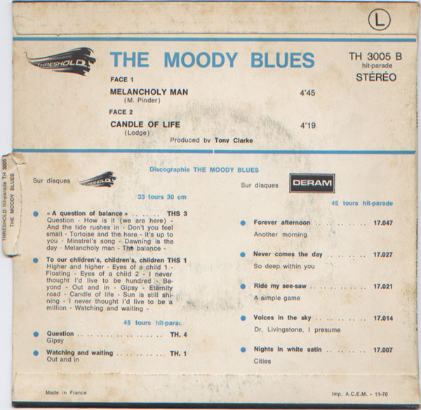 The Moody Blues - Melancholy Man / Candle Of Life | Threshold (TH 3005) - 2
