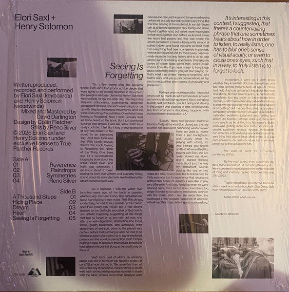 Elori Saxl , Henry Solomon - Seeing Is Forgetting | True Panther Sounds (TPS-039) - 2