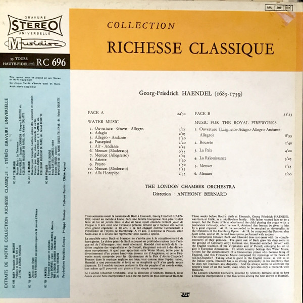 Georg Friedrich Händel - The London Chamber Orchestra , Anthony Bernard - Water Music - Music For The Royal Fireworks | Musidisc (30 RC 696) - 2