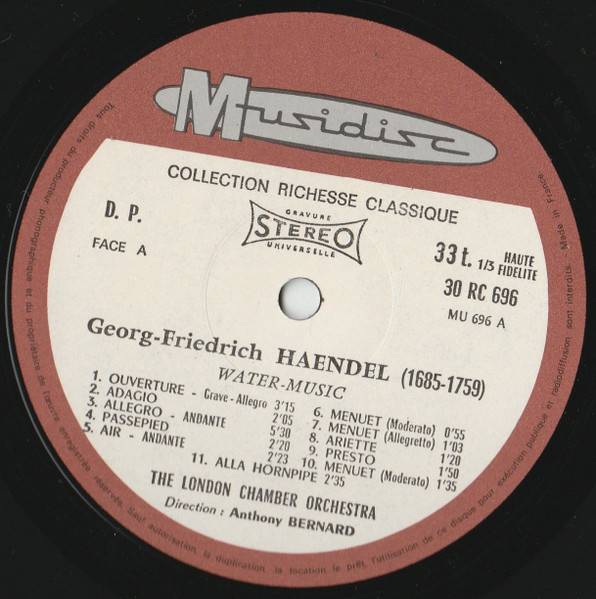 Georg Friedrich Händel - The London Chamber Orchestra , Anthony Bernard - Water Music - Music For The Royal Fireworks | Musidisc (30 RC 696) - 4