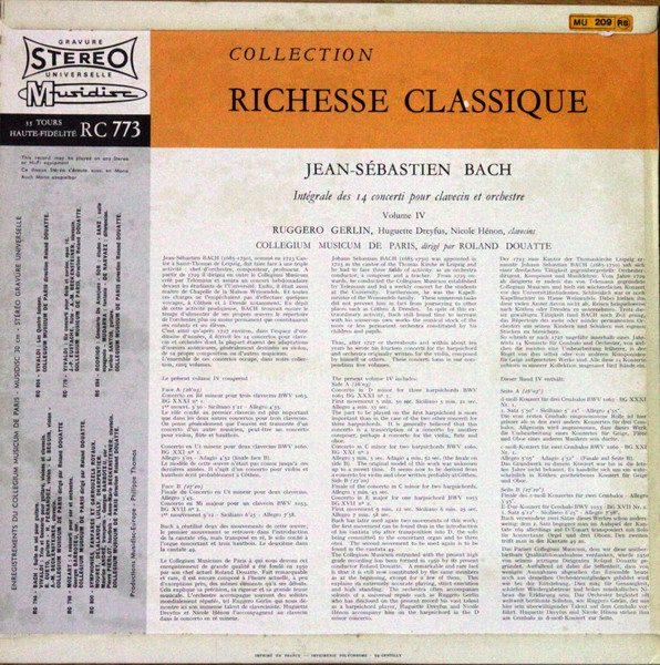 Johann Sebastian Bach – Ruggero Gerlin , Huguette Dreyfus , Nicole Hénon Clavecins - Collegium Musicum De Paris Dirigé Par Roland Douatte - Intégrale Des 14 Concerti Pour Clavecin Et Orchestre - Volume IV | Musidisc (30 RC 773) - 2