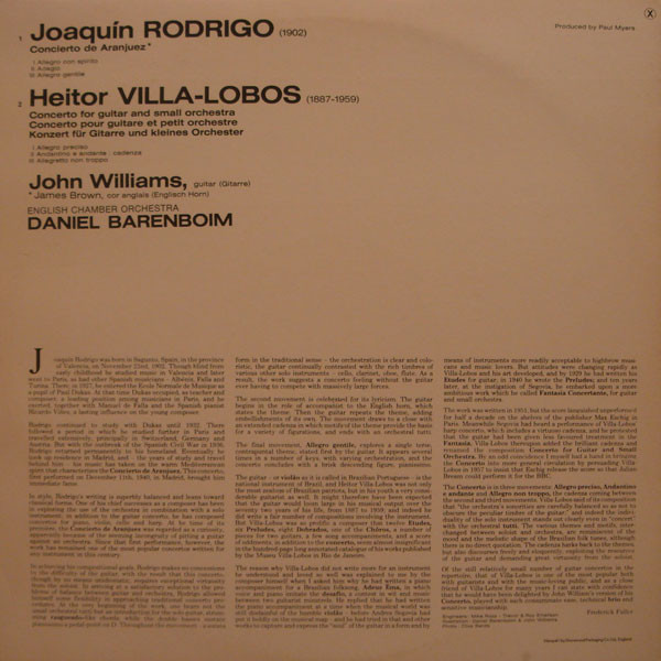 Rodrigo , Villa-Lobos , John Williams , English Chamber Orchestra , Daniel Barenboim - Concierto De Aranjuez / Concerto For Guitar | CBS (CBS 76369)