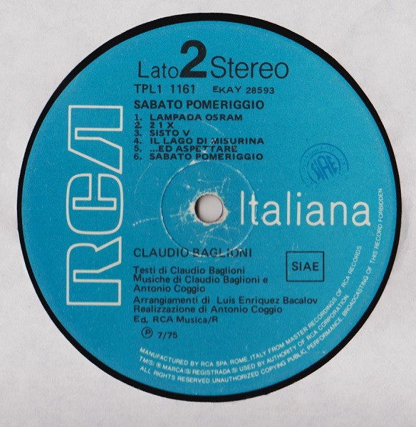 Claudio Baglioni - Sabato Pomeriggio | RCA (TPL1 1161) - 4