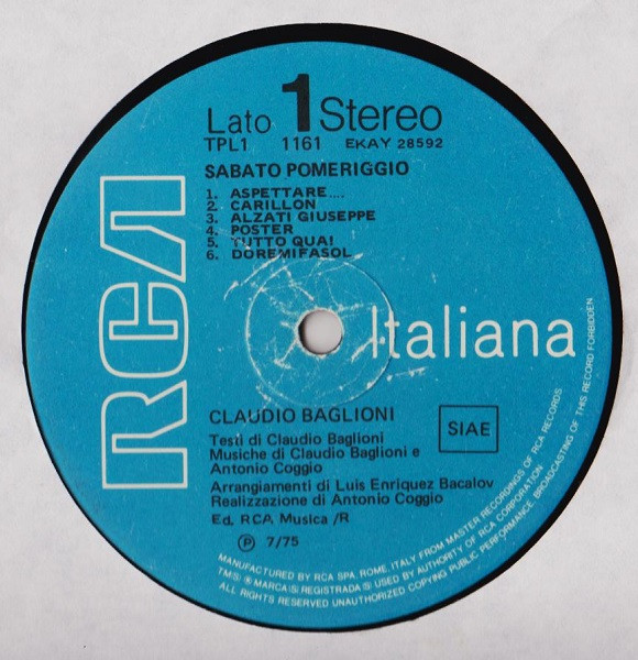 Claudio Baglioni - Sabato Pomeriggio | RCA (TPL1 1161) - 3