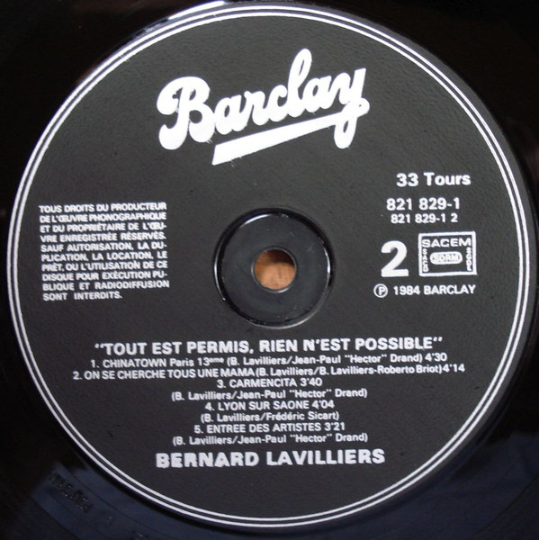 Bernard Lavilliers - Tout Est Permis, Rien N'est Possible | Barclay (821 829-1) - 4