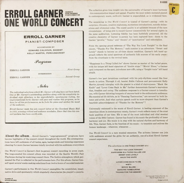 Erroll Garner - One World Concert | Reprise Records (R-6080) - 2 Erroll Garner - One World Concert | Reprise Records (R-6080) - 2