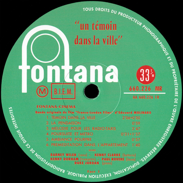 Barney Wilen - Un Témoin Dans La Ville | Fontana (660.226 MR) - 3