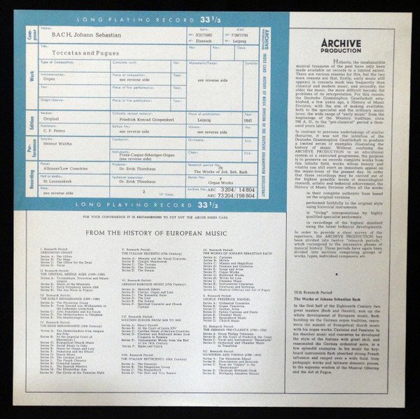 Johann Sebastian Bach - Helmut Walcha - Organ Works: BWV 565, 540, 538, 564 | Archive Production (ARC 3204) - 3